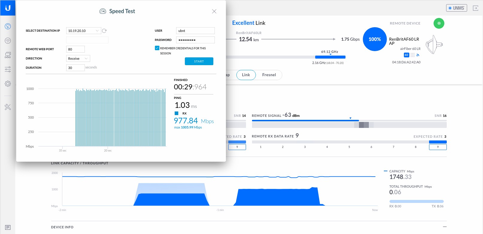 Speedtest (in graph) and one-way test result (in small window)